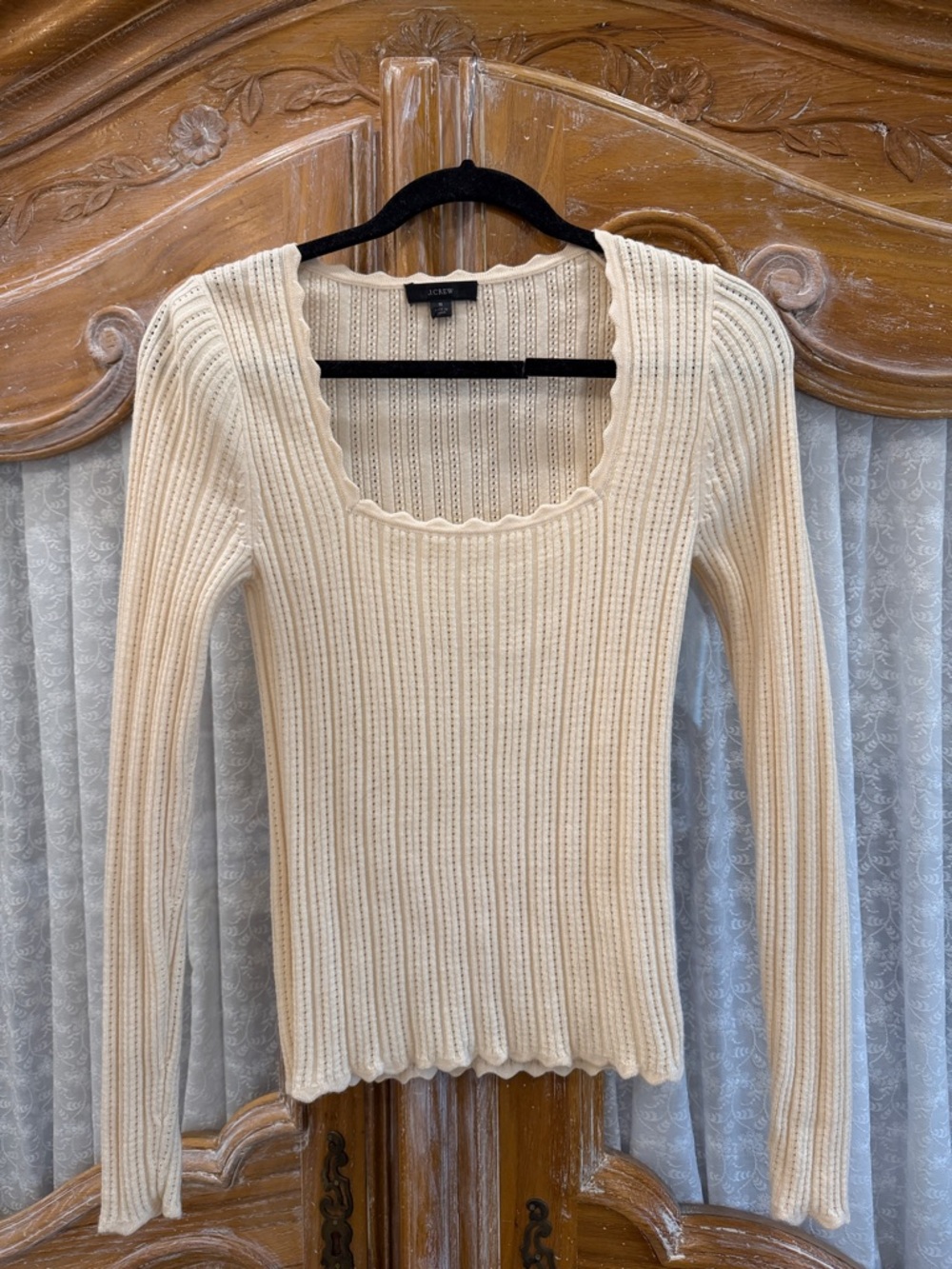 J Crew Cream Scalloped Scoop Neck Ribbed Sweater